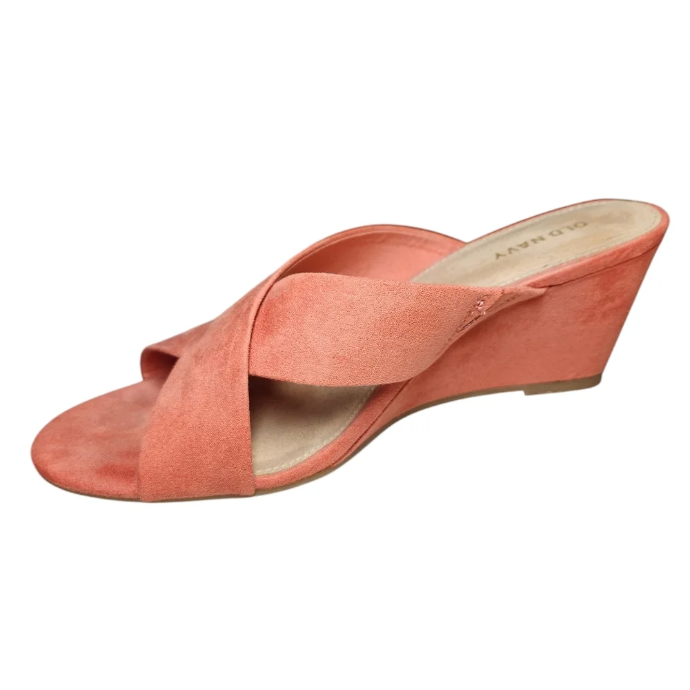 Old Navy Faux Suede Cross Strap‎ Coral Wedge Sandals Slides Desert Rose Orange 8